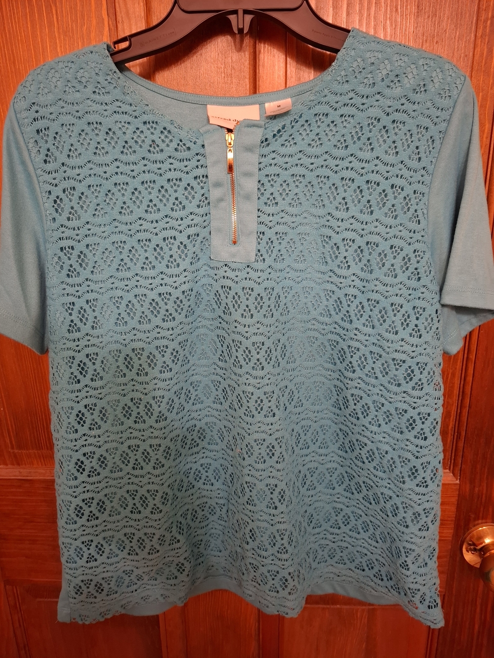 Alfred Dunner Teal Lace Short-Sleeve Zip-Front Top